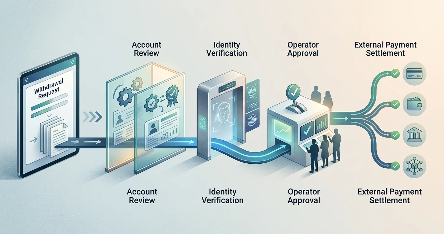 Illustration of a withdrawal request moving through verification, approval and payment settlement