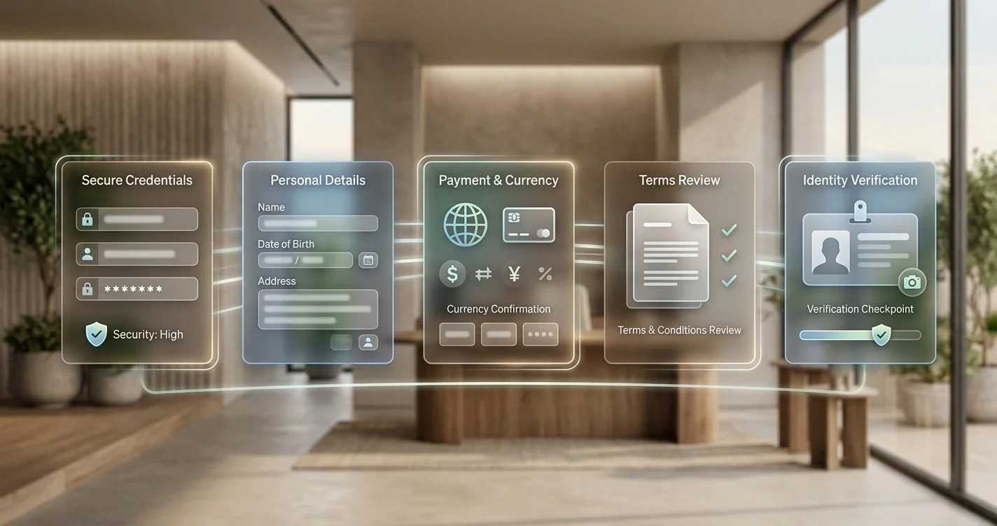 Neutral illustration of an account setup flow with registration, currency check and verification checkpoint