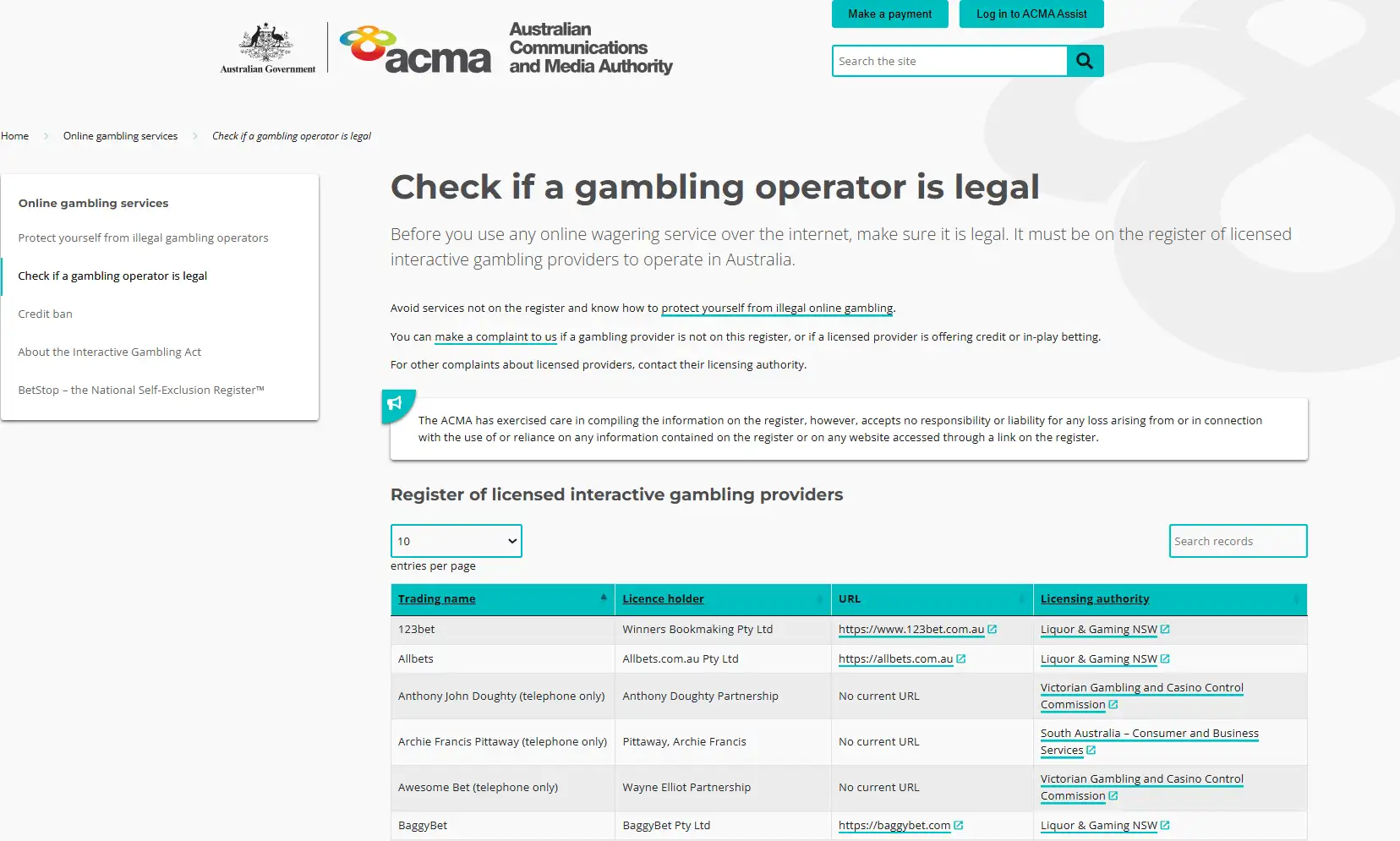 ACMA legal operator register and online gambling guidance