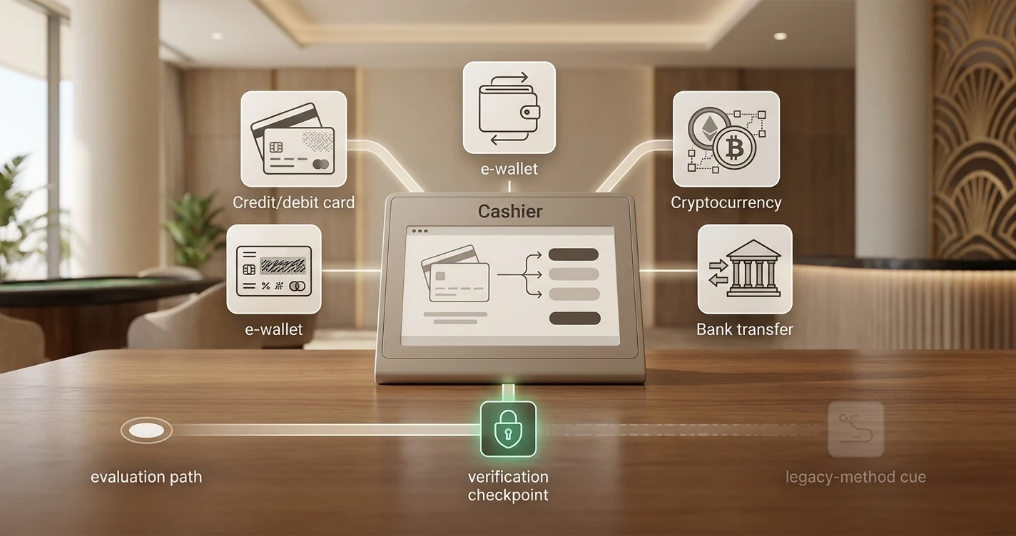 Illustration mapping AUD casino payment categories and live verification checkpoints