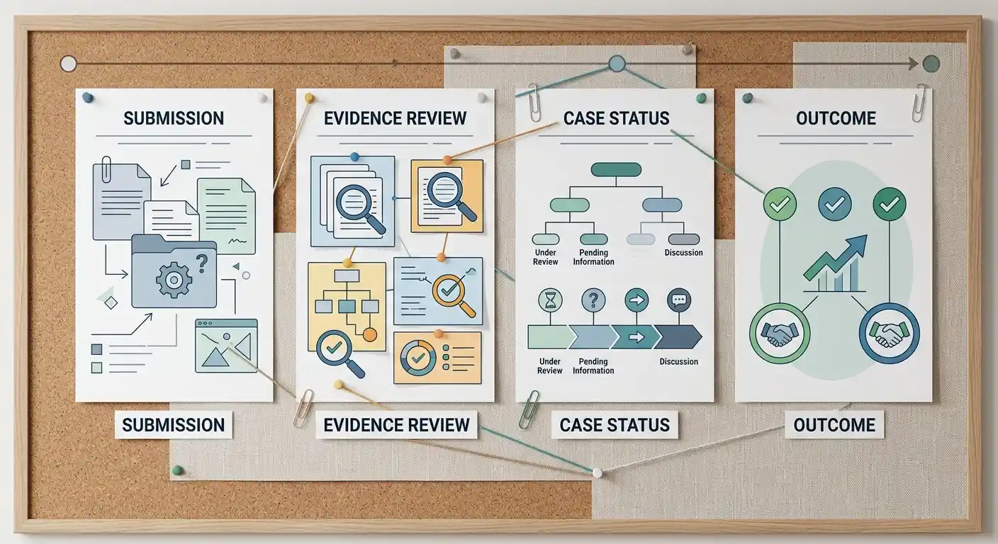 Illustration of a complaint record moving through evidence review to a case status