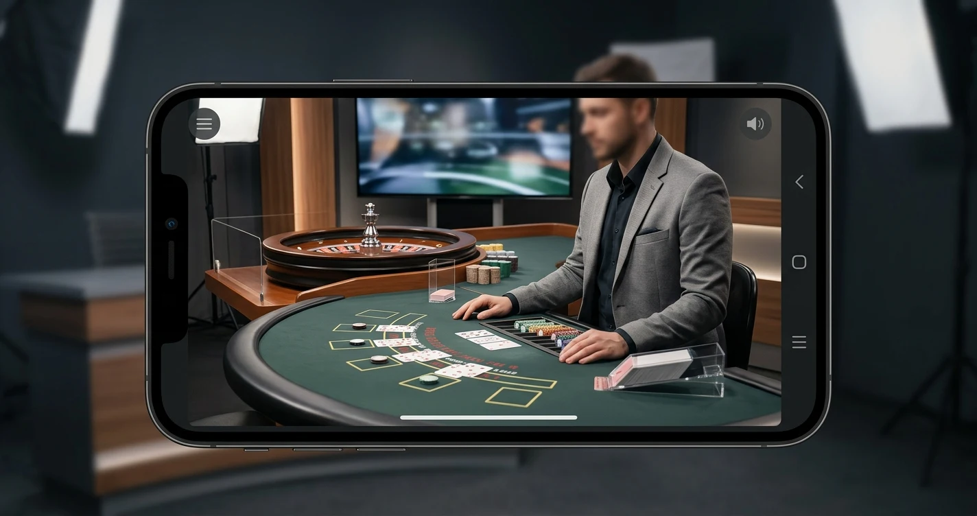 Illustration of a generic live casino table, roulette wheel and mobile viewing frame