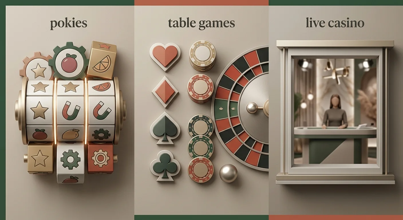 Illustration of pokies, table games and live casino categories