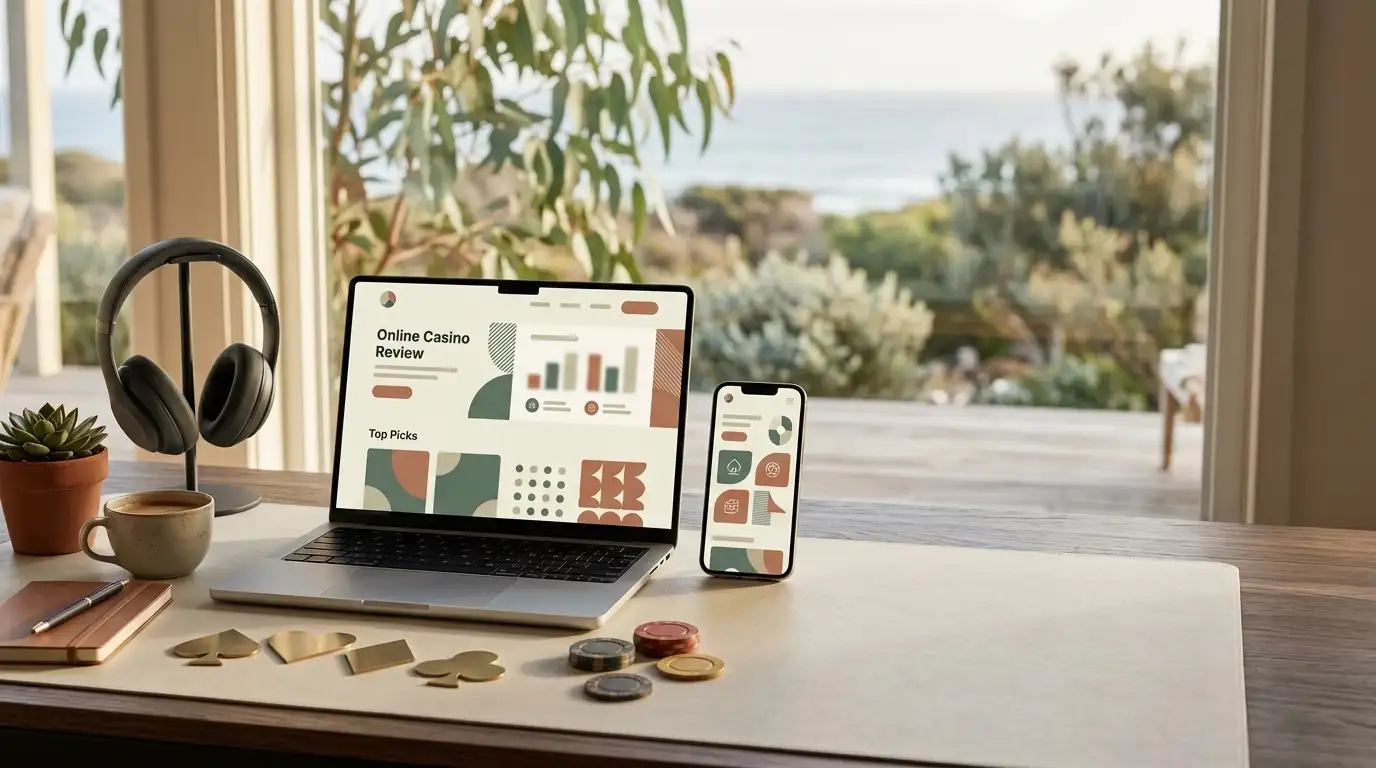 Illustration representing an Australian online casino review on desktop and mobile