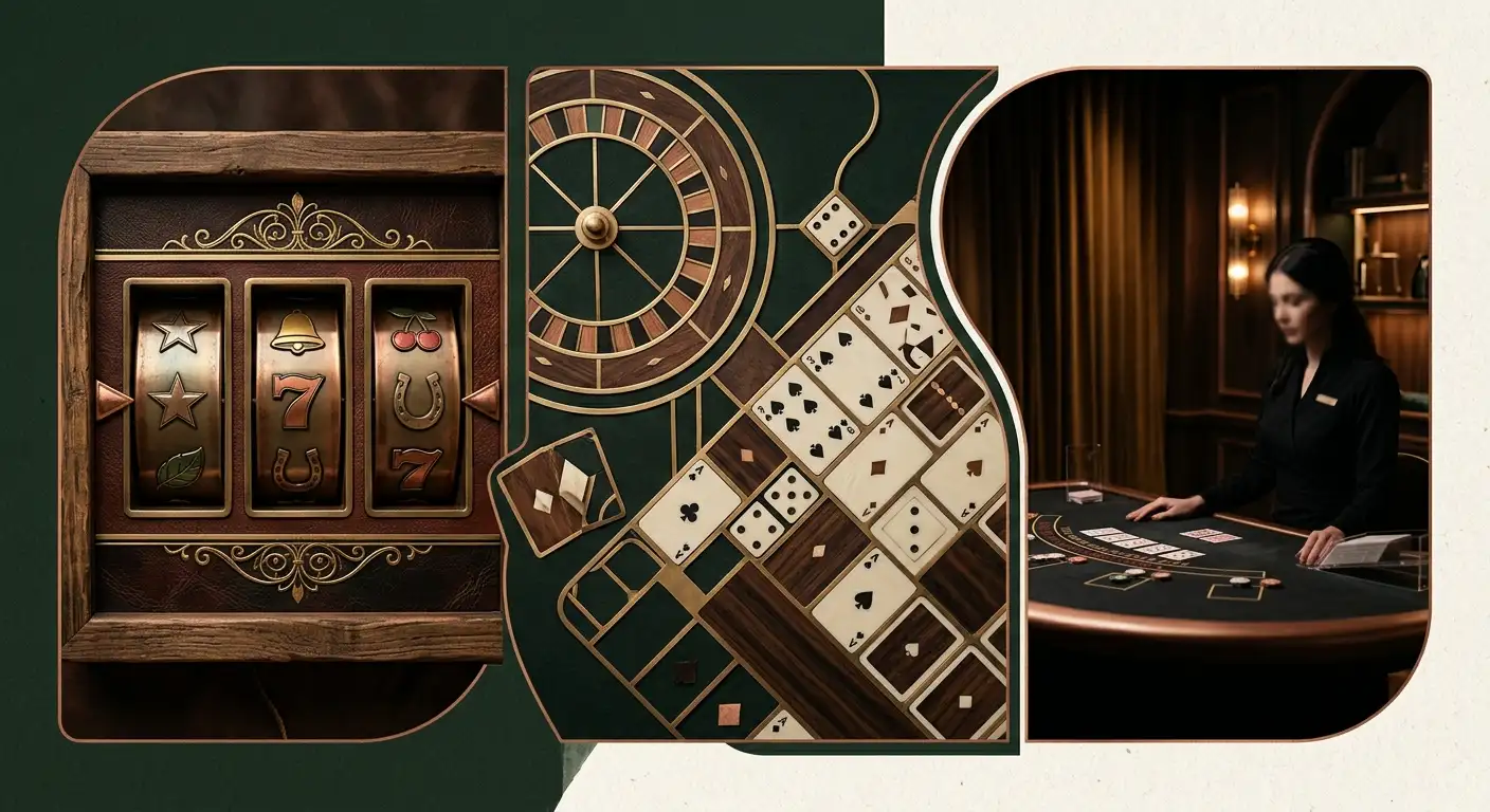 Illustration of pokies, table games and live casino categories