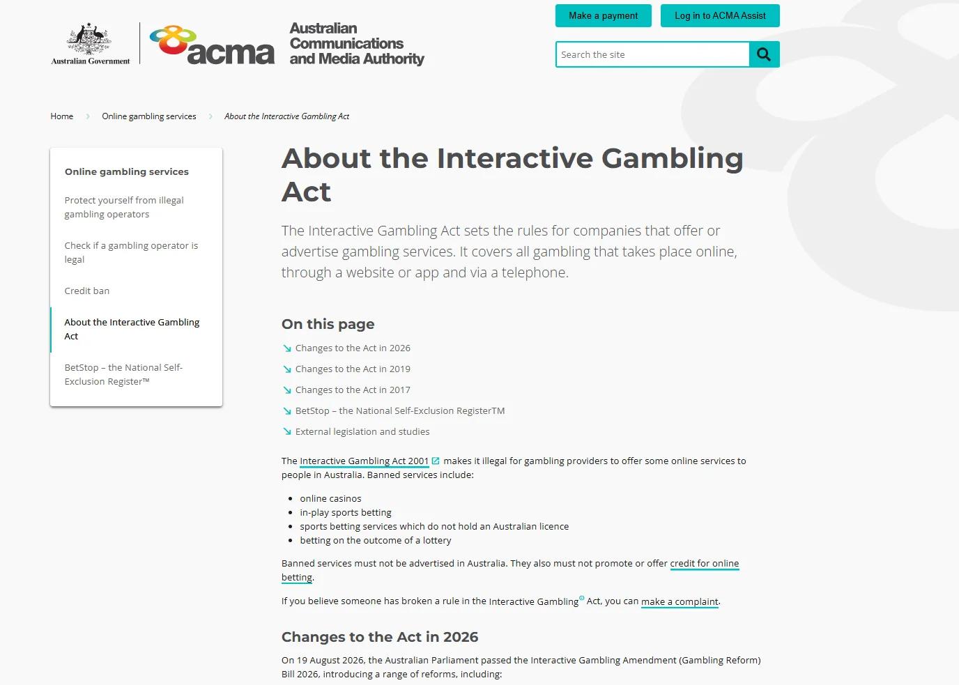ACMA Interactive Gambling Act page showing online casino restrictions and 2026 changes